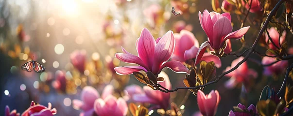 Gordijnen Pink magnolia flowers with butterflies in a meadow © FATHOM