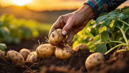 Farmer's hands gently cradle freshly unearthed potatoes, roots entwined, in warm sunset glow - obrazy, fototapety, plakaty