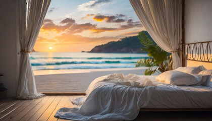 cozy bedroom with disheveled white bedding, overlooking a vast open wall revealing a serene seascape, evoking tranquility and coastal living - obrazy, fototapety, plakaty
