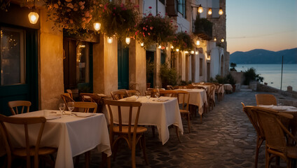 Fototapeta na wymiar Beautiful summer street cafe in the evening in Greece mediterranean