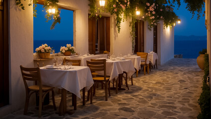 Beautiful summer street restaurant in the evening in Greece