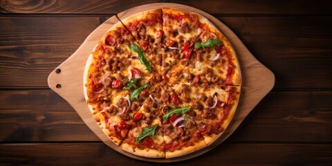 Pizza on wooden table with space, top view