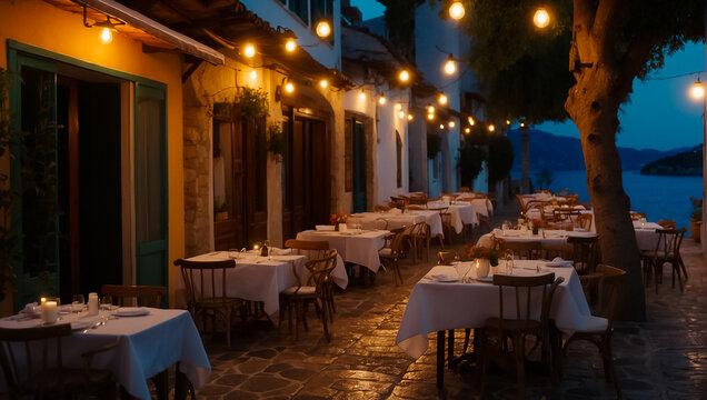 Fototapeta Beautiful summer street cafe in the evening in Greece holiday
