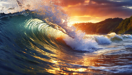 colorful water surge at dusk, illuminated by intense sunlight, capturing the dynamic beauty of nature's power and tranquility