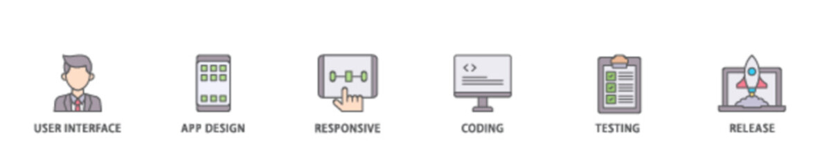 App development icon set flow process illustrationwhich consists of coding, release, testing, responsive, app design, user interface icon live stroke and easy to edit 