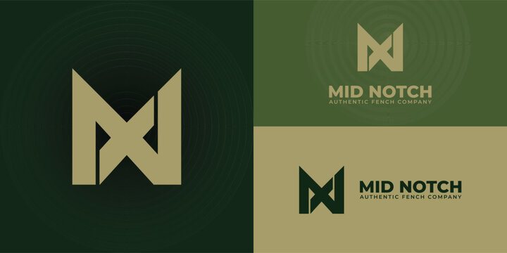 abstract initial letter M and N logo in gold color isolated in green background applied for custom deck and fence company logo also suitable for the brands or companies that have initial name MN or NM
