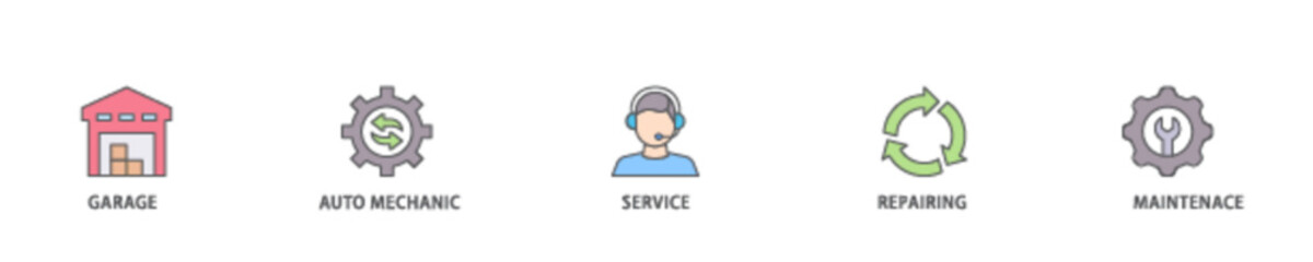 Car servicing icon set flow process illustrationwhich consists of repairing, maintenace, service, auto mechanic, garage icon live stroke and easy to edit 