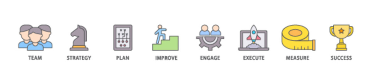 Change management icon set flow process illustrationwhich consists of team, strategy, plan, improve, engage, execute, measure, and success  icon live stroke and easy to edit 