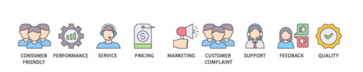 Customer satisfaction icon set flow process illustrationwhich consists of consumer friendly, performance, service, pricing, marketing, customer complaint icon live stroke and easy to edit 