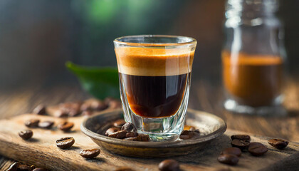 steaming espresso shot in a crystal-clear glass, capturing the rich aroma and inviting warmth of freshly brewed coffee