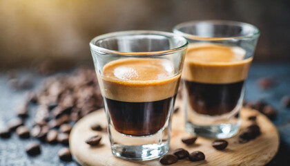 steaming espresso shot in a crystal-clear glass, capturing the rich aroma and inviting warmth of freshly brewed coffee - obrazy, fototapety, plakaty