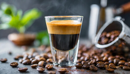 steaming espresso shot in a crystal-clear glass, capturing the rich aroma and inviting warmth of freshly brewed coffee - obrazy, fototapety, plakaty