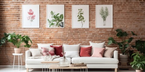 Bright living room with plants, red brick wall adorned with posters above white sofa with pillows.