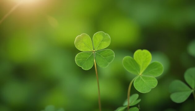 Four leaf clover bringing good luck on a green blurred background. St.Patrick 's Day