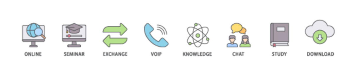 Fototapeta premium E learning icon set flow process illustrationwhich consists of online, seminar, exchange, voip, knowledge, chat, study and download icon live stroke and easy to edit 