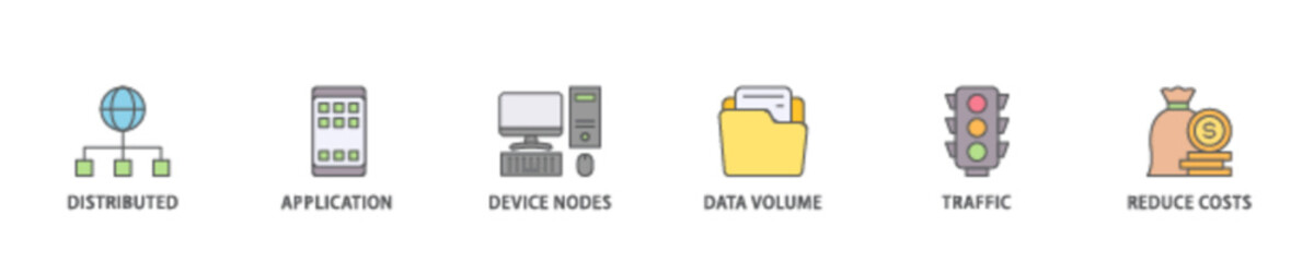 Edge computing icon set flow process illustrationwhich consists of distributed computing, application, device nodes, data volume, traffic and reduce costs icon live stroke and easy to edit 