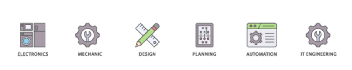 Obraz premium Engineering icon set flow process illustrationwhich consists of electronics, mechanic, design, planning, automation and it engineering icon live stroke and easy to edit 