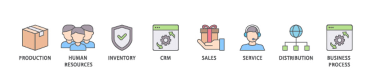 Enterprise resource planning icon set flow process illustrationwhich consists of production, human resources, inventory, crm, sales, service icon live stroke and easy to edit 