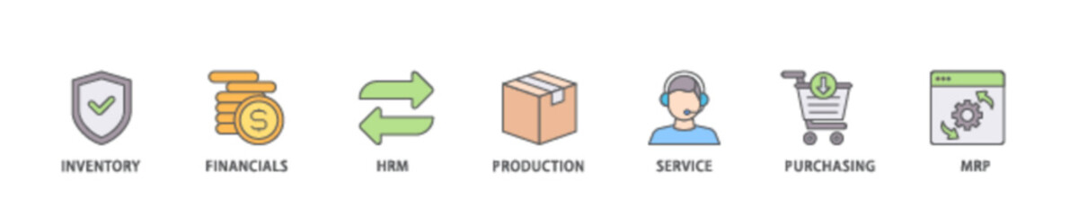 ERP icon set flow process illustrationwhich consists of inventory, financials, hrm, production, service, purchasing, and mrp icon live stroke and easy to edit 
