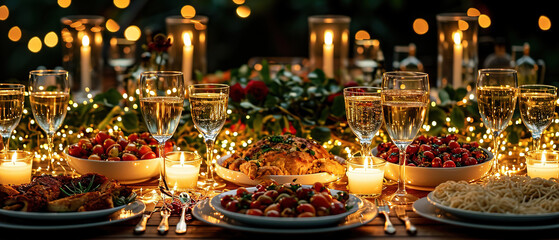 candles are lit on a table with a variety of food and drinks