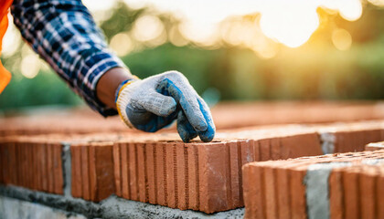 hands of a dedicated construction worker expertly laying bricks, showcasing skill and determination at a bustling industrial construction site