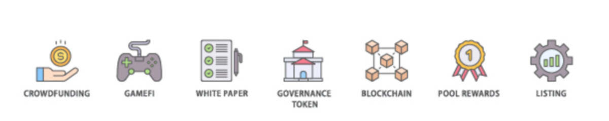 Fototapeta premium IGO icon set flow process illustrationwhich consists of crowdfunding, gamefi, white paper, governance token, blockchain, pool rewards and listing icon live stroke and easy to edit 