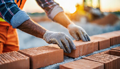 hands of a dedicated construction worker expertly laying bricks, showcasing skill and determination at a bustling industrial construction site