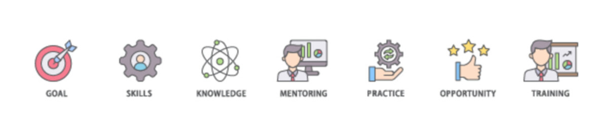Internship icon set flow process illustrationwhich consists of goal, skills, knowledge, mentoring, practice, opportunity, and training icon live stroke and easy to edit 