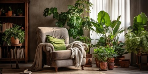Fototapeta na wymiar Cozy living room with armchair, houseplants, and vintage carpet