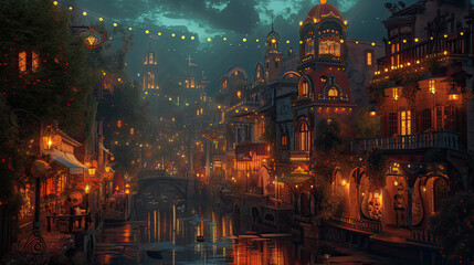 Obraz premium illustration of fantasy city for Mexican Day of the Dead.