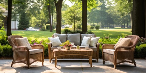 Outdoor wicker furniture set includes cozy sofa, armchairs, pillows, and coffee table.
