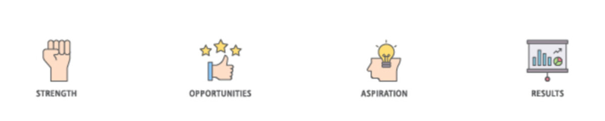 Soar icon set flow process illustrationwhich consists of results, aspiration, opportunities, strength icon live stroke and easy to edit 