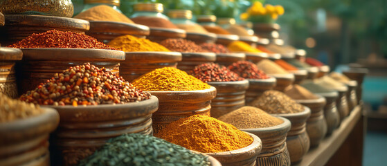 Fototapeta premium a display of various types of spices in baskets