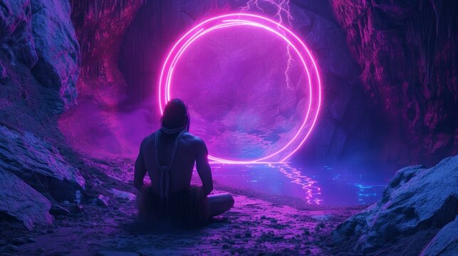person sitting meditating observing a neon portal inside a cave in high resolution