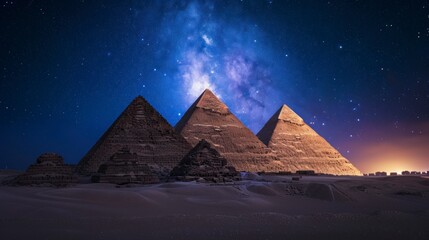 amazing pyramids of giza seen at night - obrazy, fototapety, plakaty