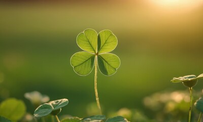 Four leaf clover bringing good luck on a green blurred background. St.Patrick 's Day