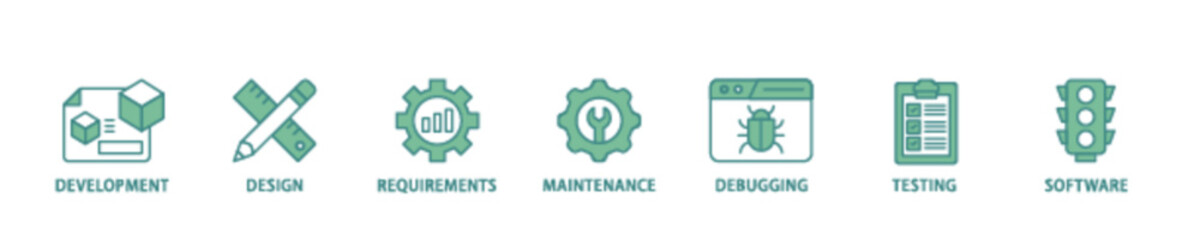 Agile icon set flow process illustrationwhich consists of development, design, requirements, maintenance, debugging, testing and software icon live stroke and easy to edit 