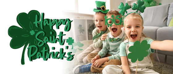 Festive banner for St. Patrick's Day celebration with happy children at home - obrazy, fototapety, plakaty
