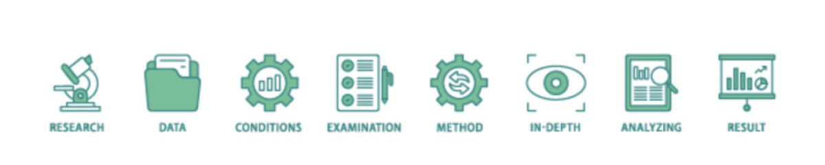 Case study icon set flow process illustrationwhich consists of research, data, conditions, examination, method, in depth, analyzing, and result icon live stroke and easy to edit 