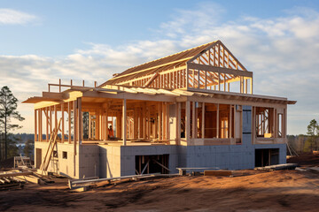 house Framed Construction, wooden house, inside construction site, wooden beams,