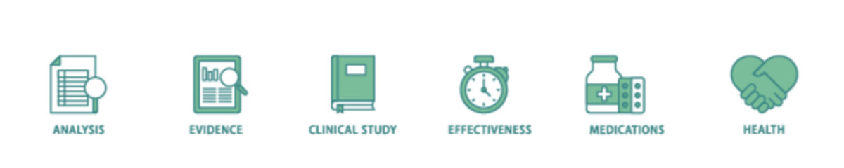 Clinical research icon set flow process illustrationwhich consists of analysis, evidence, clinical study, effectiveness, medications and health icon live stroke and easy to edit 