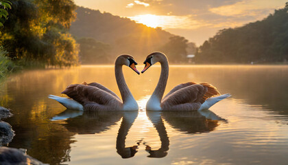 Two swans, male and female, create a heart shape with their graceful necks, silhouetted against a breathtaking sunrise