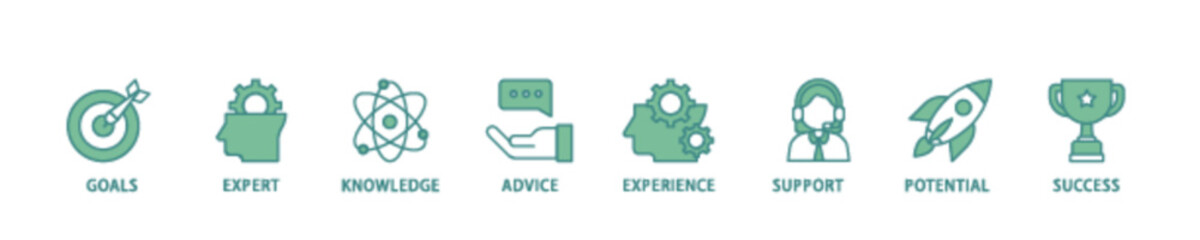 Consulting icon set flow process illustrationwhich consists of goals, expert, knowledge, advice, experience, support, potential, and success icon live stroke and easy to edit 
