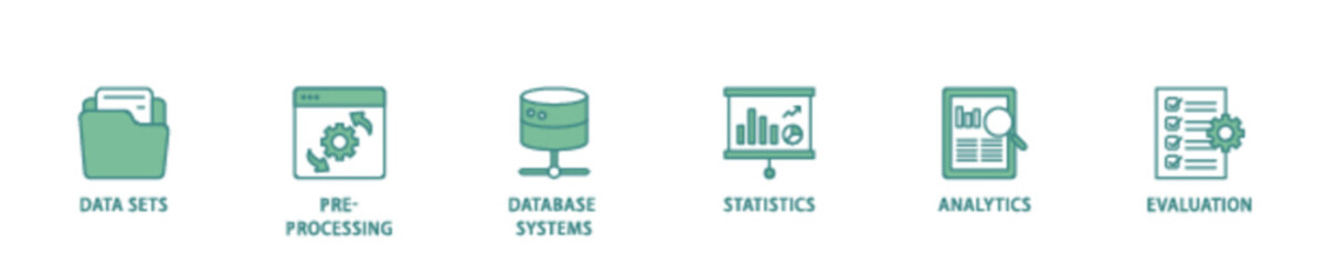 Data mining icon set flow process illustrationwhich consists of data sets, pre processing, database systems, statistics, analytics and evaluation icon live stroke and easy to edit 