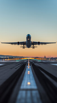 Powerful Airplane Takeoff at Sunset - landing at sunset