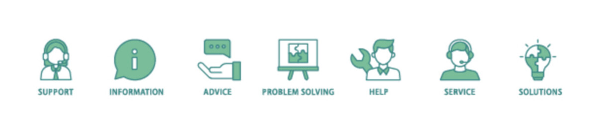 Help desk icon set flow process illustrationwhich consists of support, information, advice, problem solving, help, service and solutions icon live stroke and easy to edit 