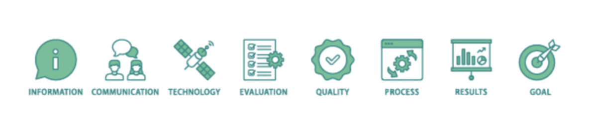 ICT icon set flow process illustrationwhich consists of antenna, radio, network, website, database, cloud, server, data, electronic, and processor icon live stroke and easy to edit 