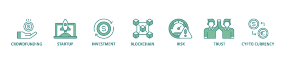 ICO icon set flow process illustrationwhich consists of crowdfunding, startup, investment, blockchain, risk, trust and cypto currency icon live stroke and easy to edit 