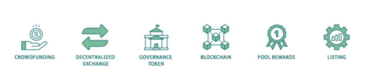 Ido icon set flow process illustrationwhich consists of crowdfunding, decentralized exchange, governance token, blockchain, smart contract and listing icon live stroke and easy to edit 