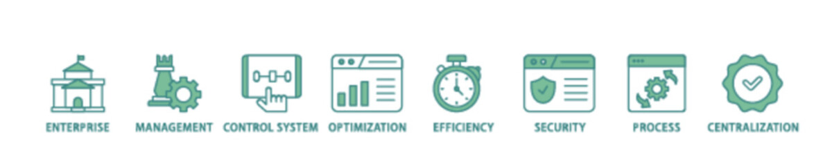 Industrial control system icon set flow process illustrationwhich consists of enterprise, management, control system, optimization, efficiency icon live stroke and easy to edit